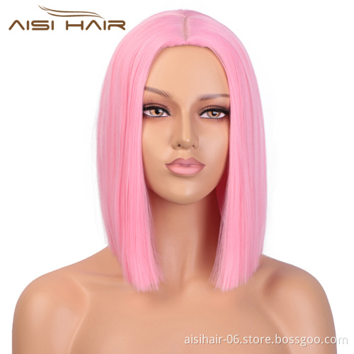 Aisi Hair Synthetic Heat Resistant Wigs For White Black Women Short Straight Pink Bob Middle Part Shoulder Length Hair Wigs